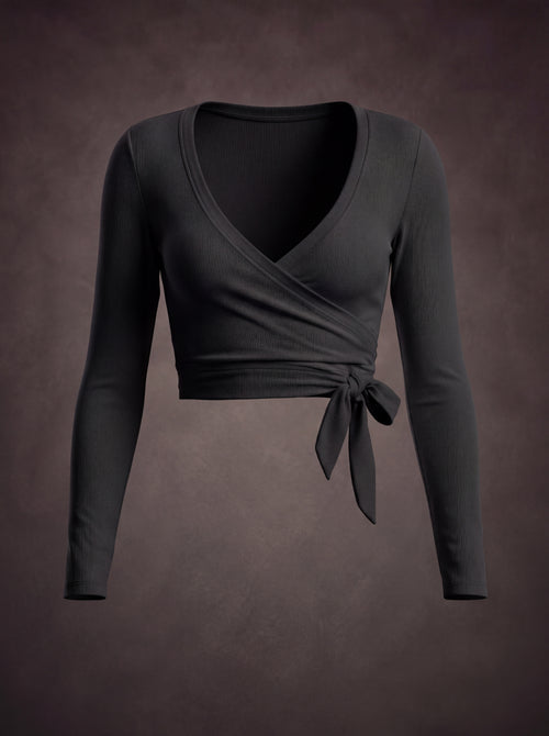 CROSS FRONT TIE BALLET WRAP LONG SLEEVE TOP | Waluoo