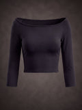 OFF-SHOULDER 3/4 SLEEVE CROPPED ATHLETIC TOP | Waluoo