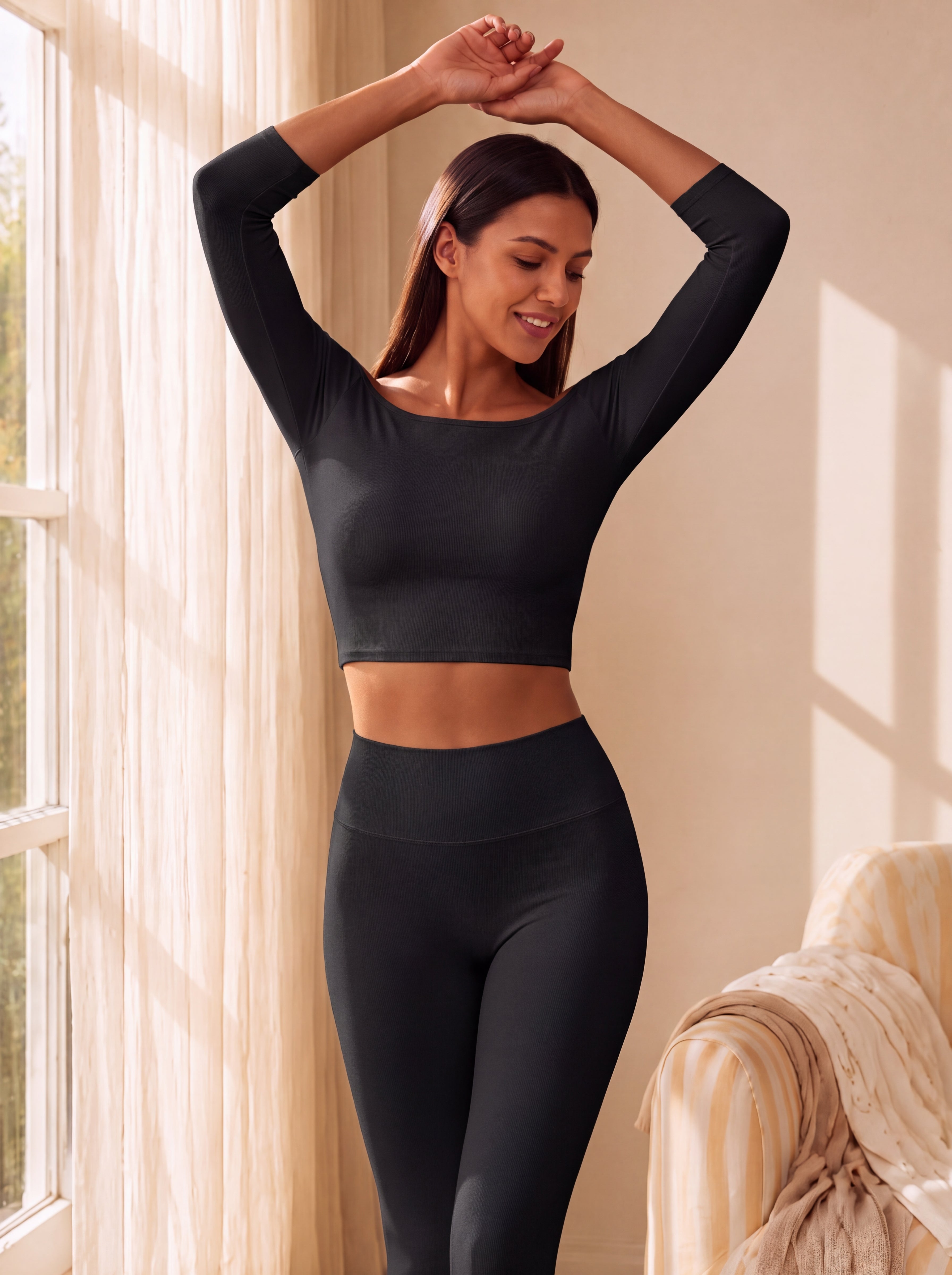 OFF-SHOULDER 3/4 SLEEVE CROPPED ATHLETIC TOP | Waluoo