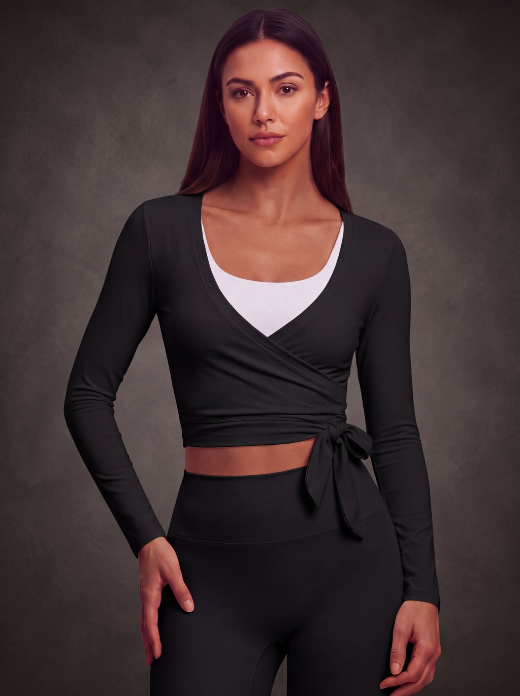 CROSS FRONT TIE BALLET WRAP LONG SLEEVE TOP | Waluoo