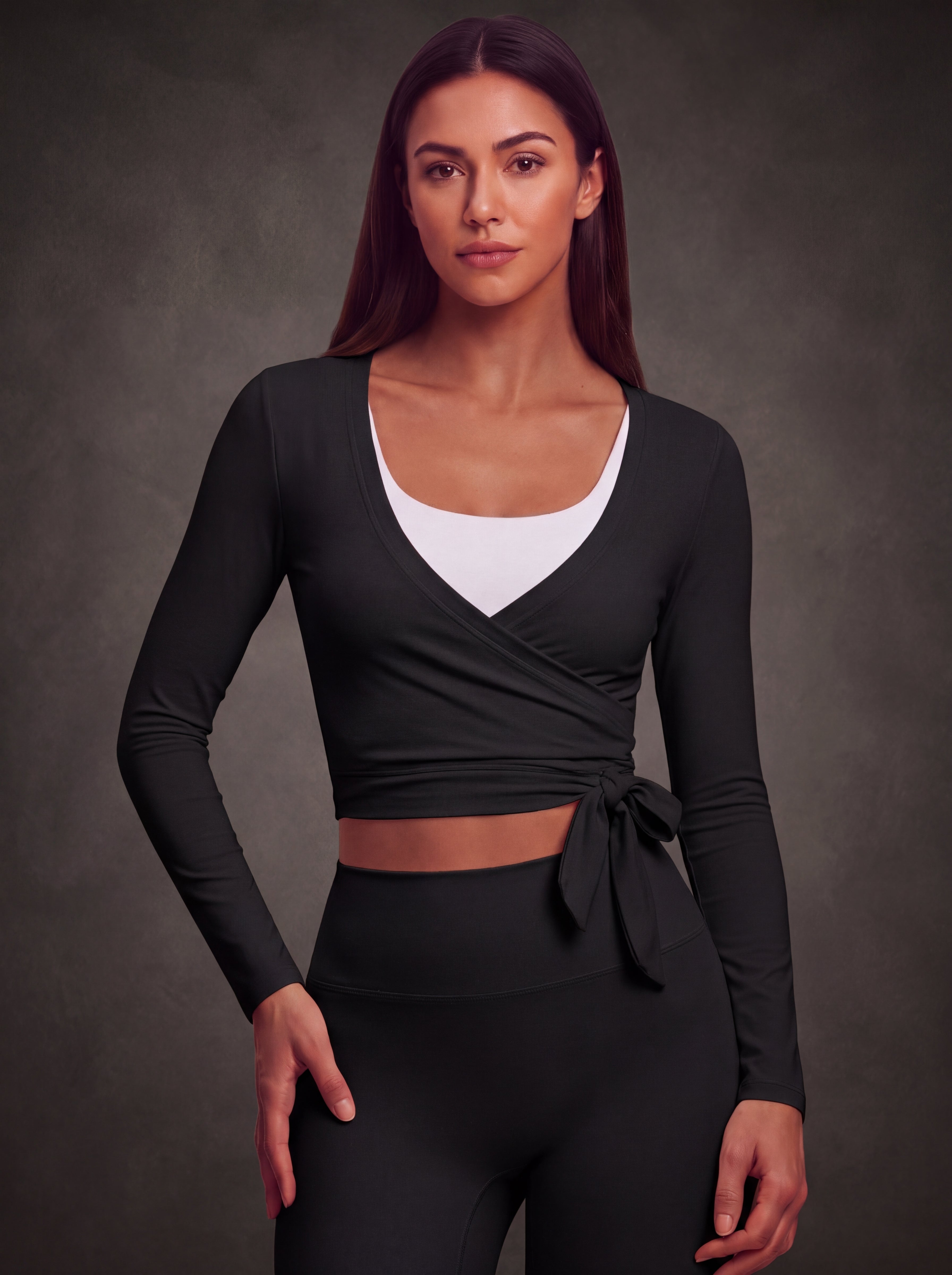 CROSS FRONT TIE BALLET WRAP LONG SLEEVE TOP | Waluoo