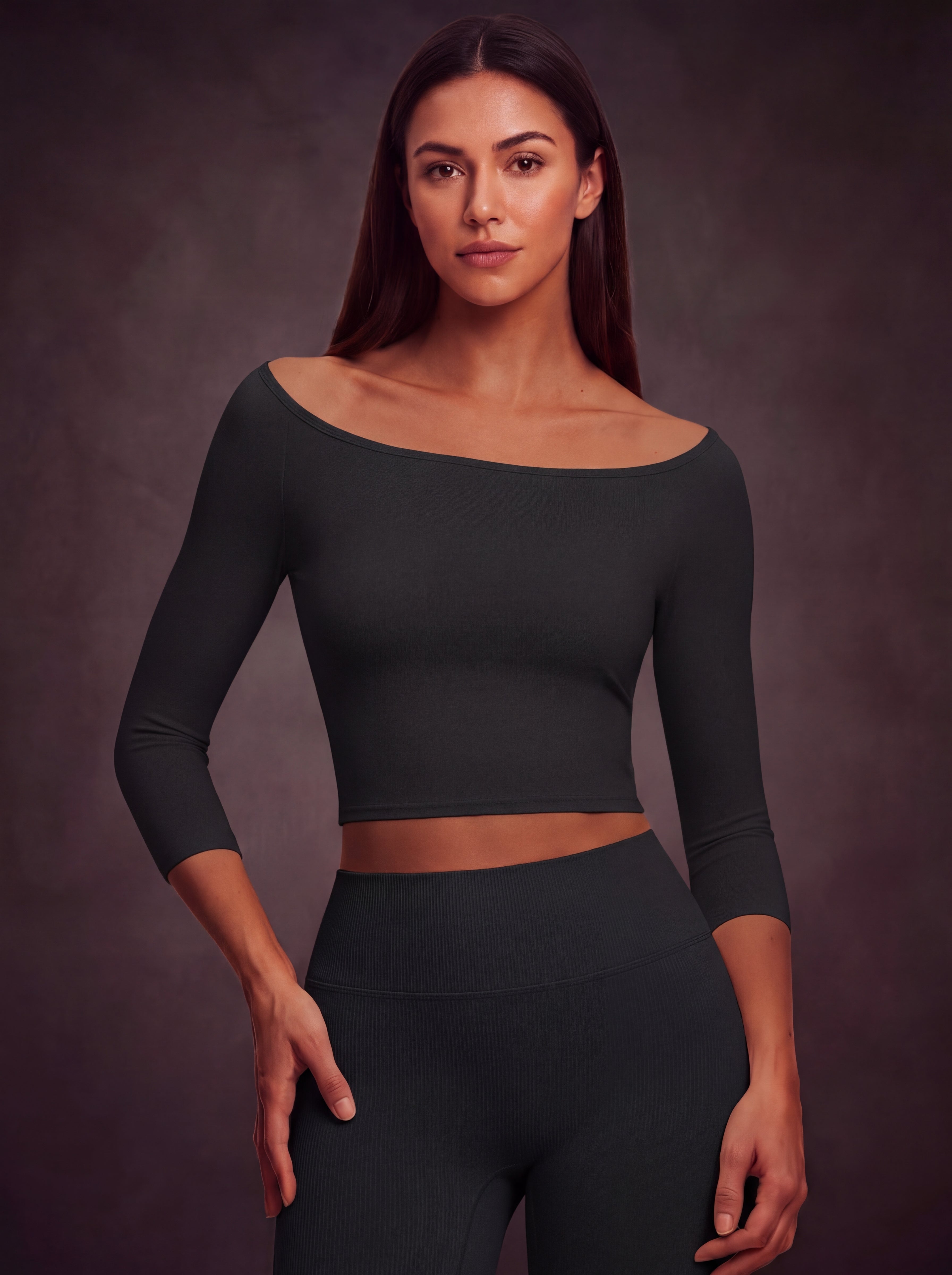OFF-SHOULDER 3/4 SLEEVE CROPPED ATHLETIC TOP | Waluoo