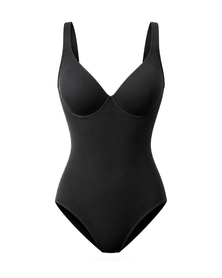 Black shaping bodysuit product cutout on transparent background