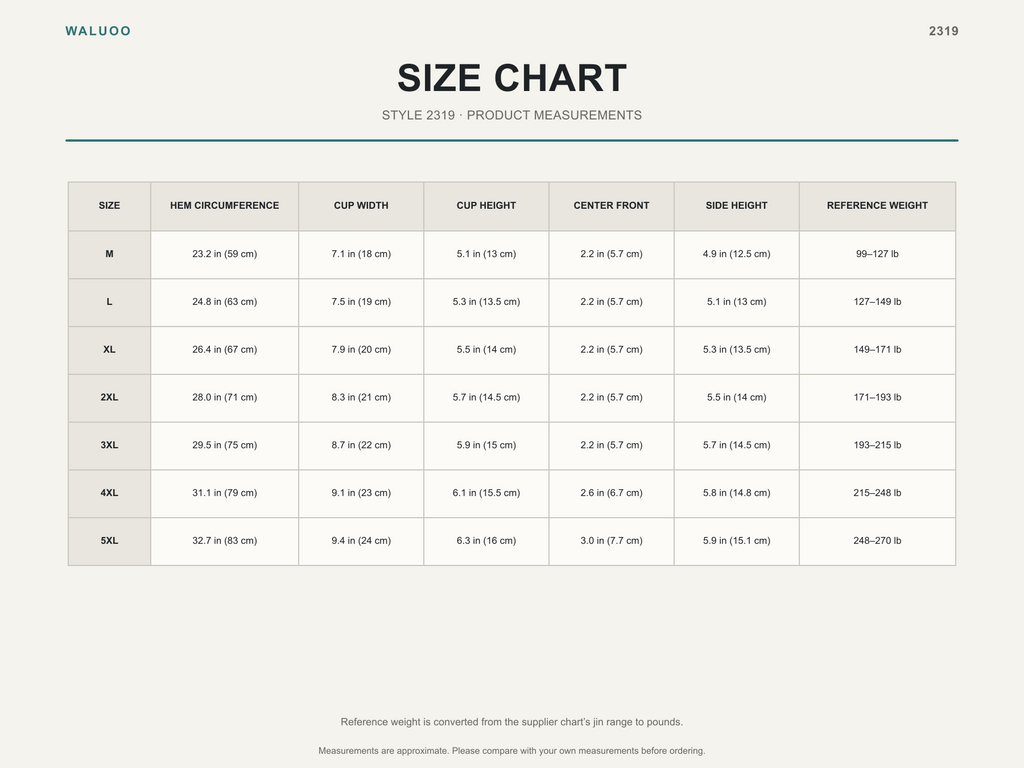 Waluoo Plus Size Wireless Full-Coverage Bra Size Guide