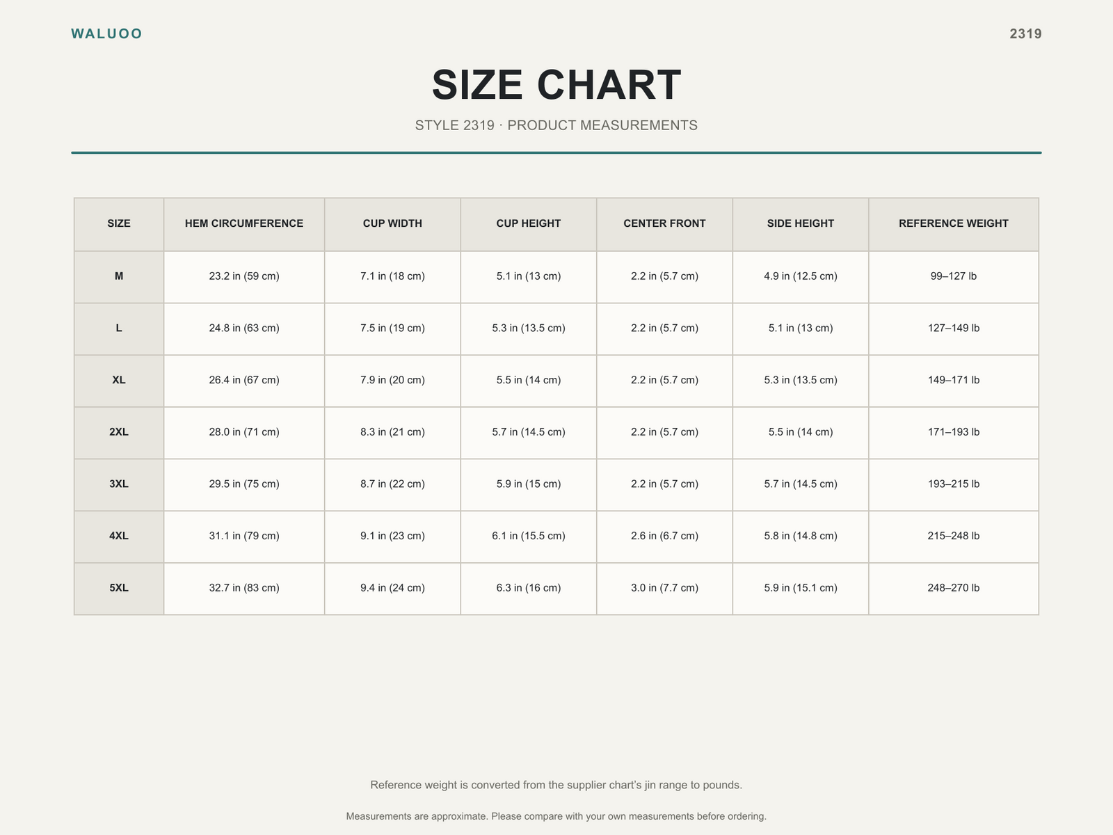 Waluoo 2319 Size Guide