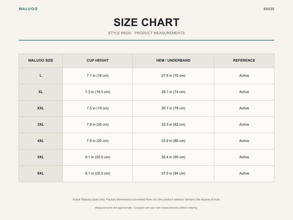 Waluoo 68020 size chart
