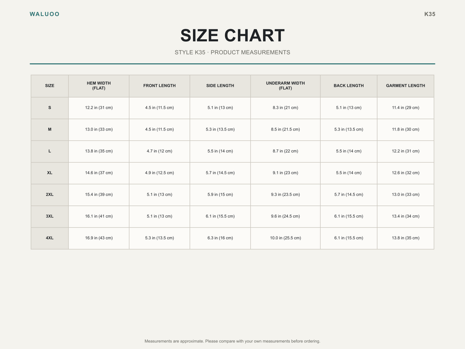 Waluoo K35 Size Guide