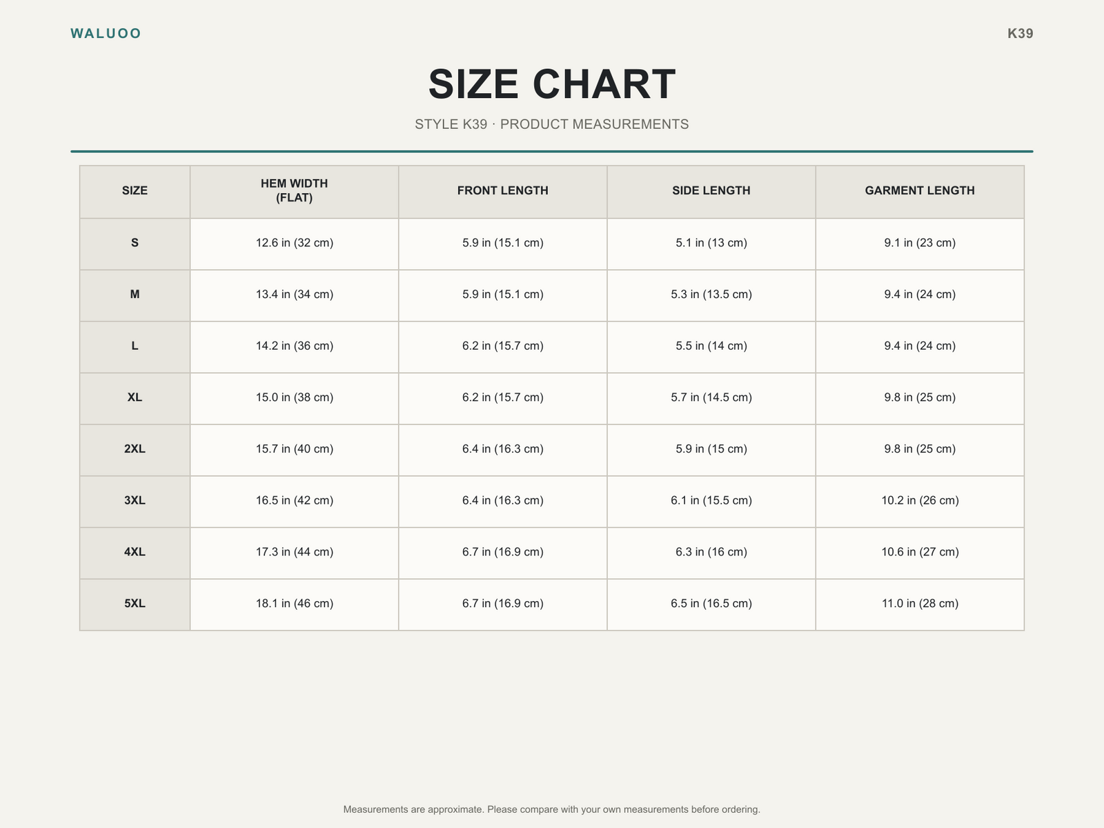 Waluoo K39 Size Guide