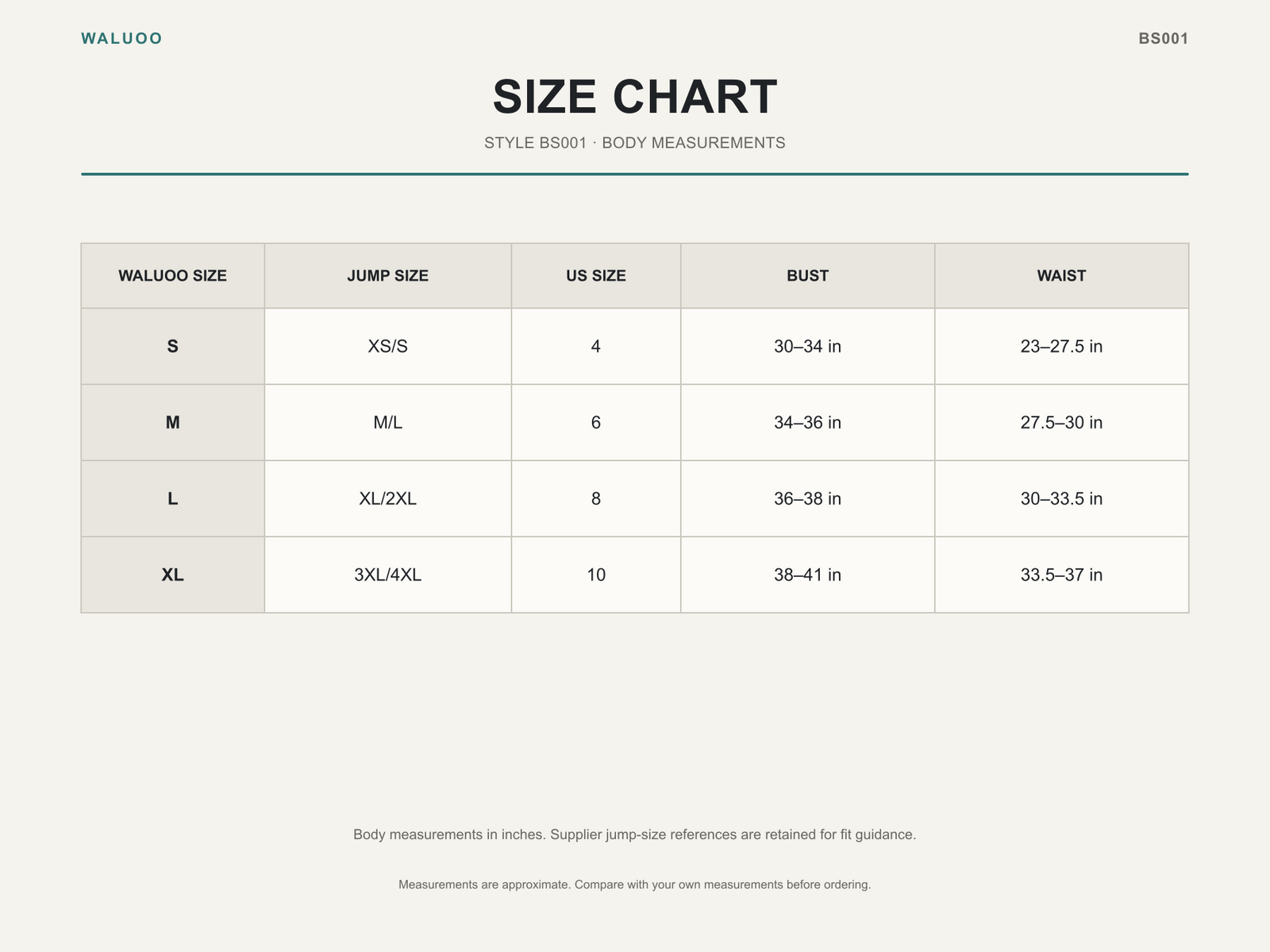 Waluoo BS001 Size Guide