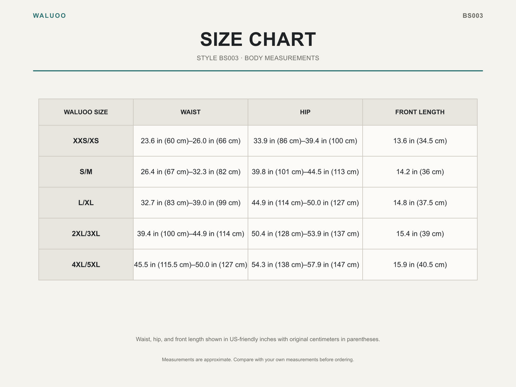 Waluoo Seamless Scoop-Neck Shapewear Bodysuit Size Guide