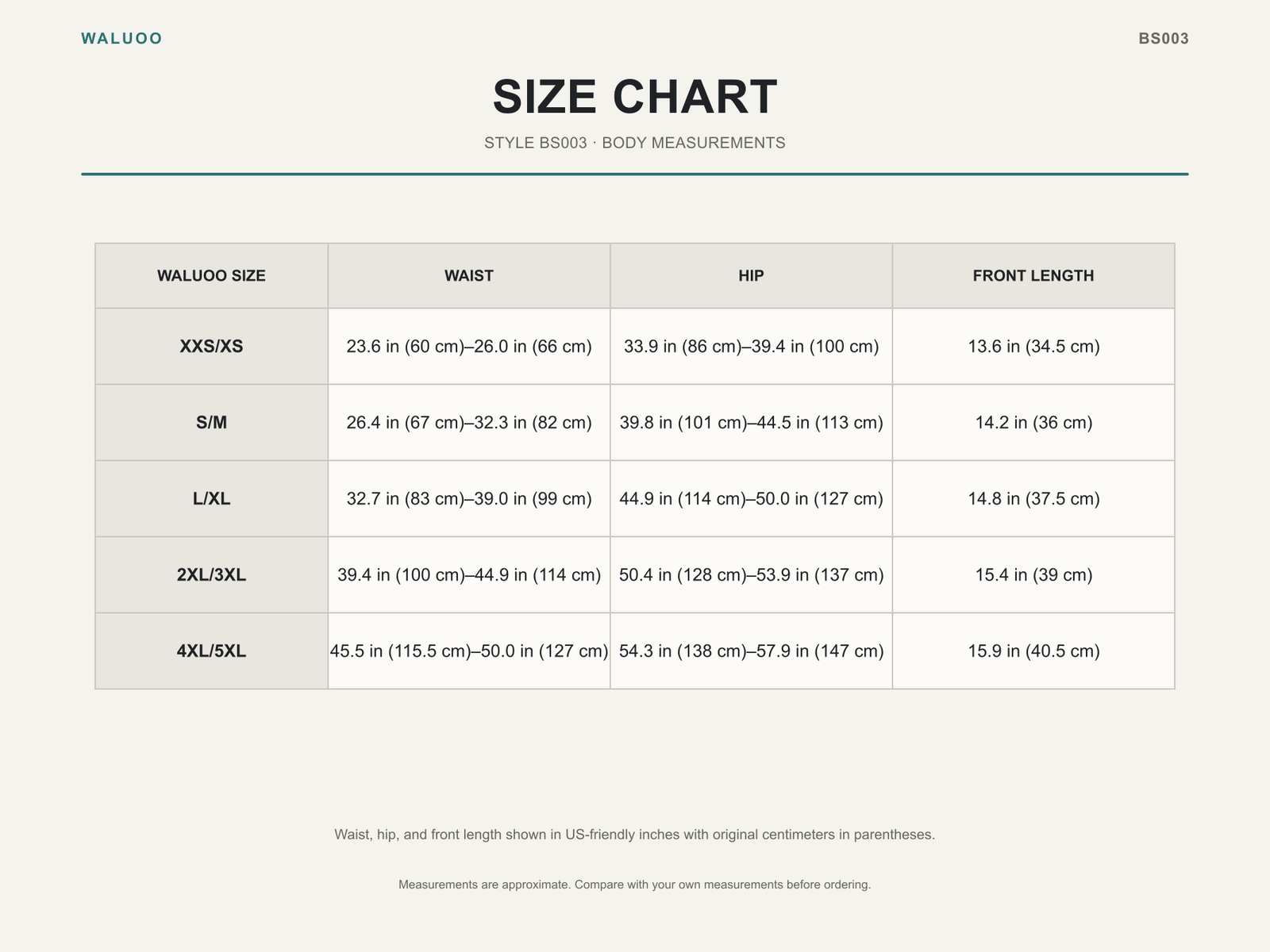 Waluoo BS003 Size Guide