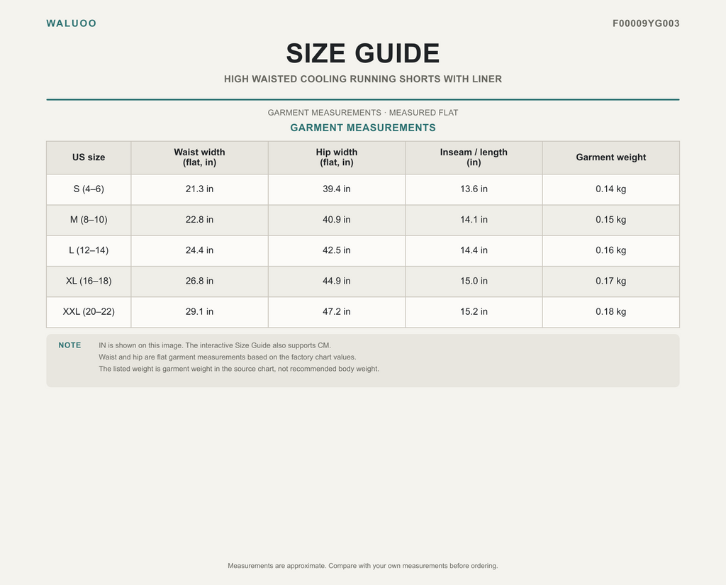 Waluoo size guide for F00009YG003