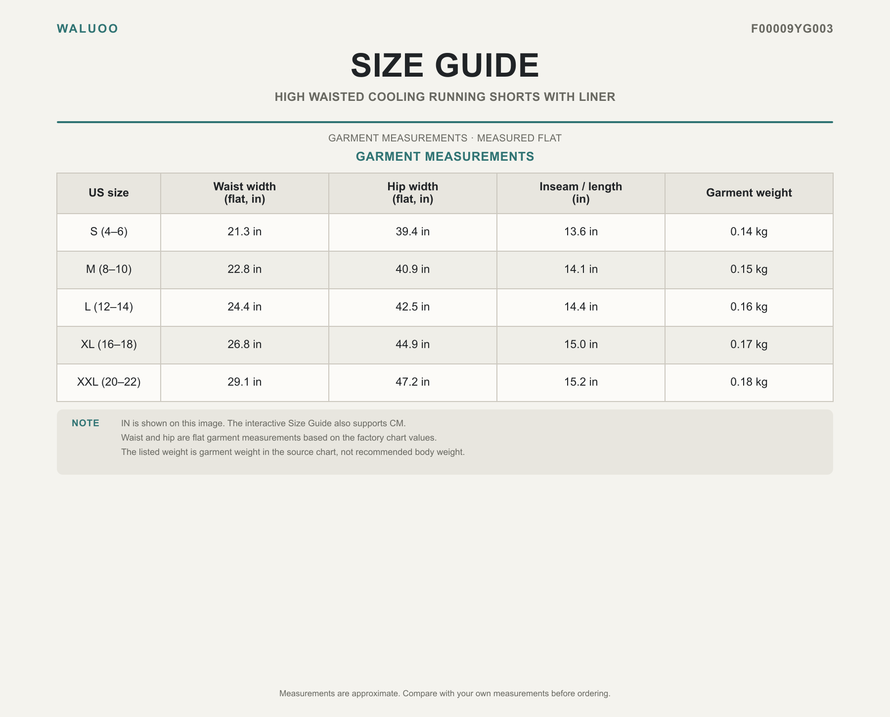 Waluoo size guide for F00009YG003