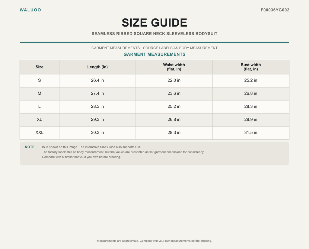 Waluoo size guide for F00036YG002