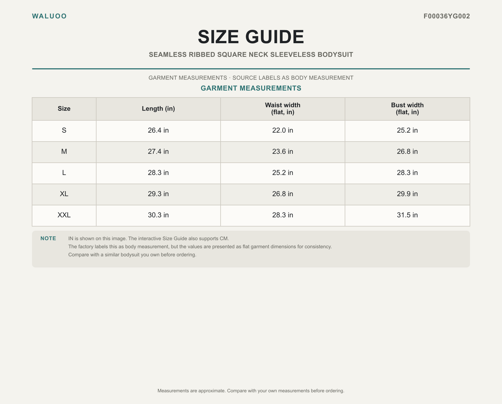 Waluoo F00036YG002 Size Guide