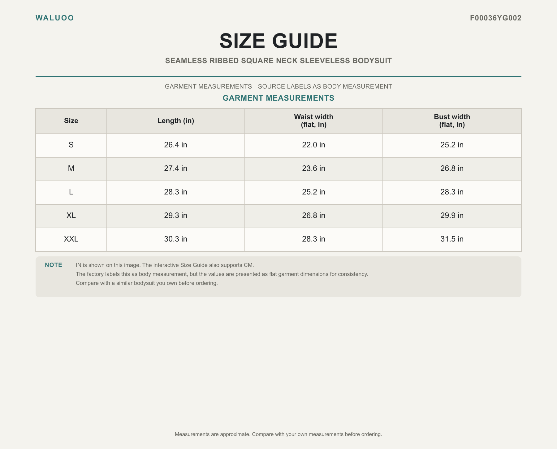 Waluoo size guide for F00036YG002