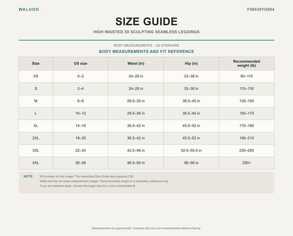 Waluoo size guide for F00039YG004