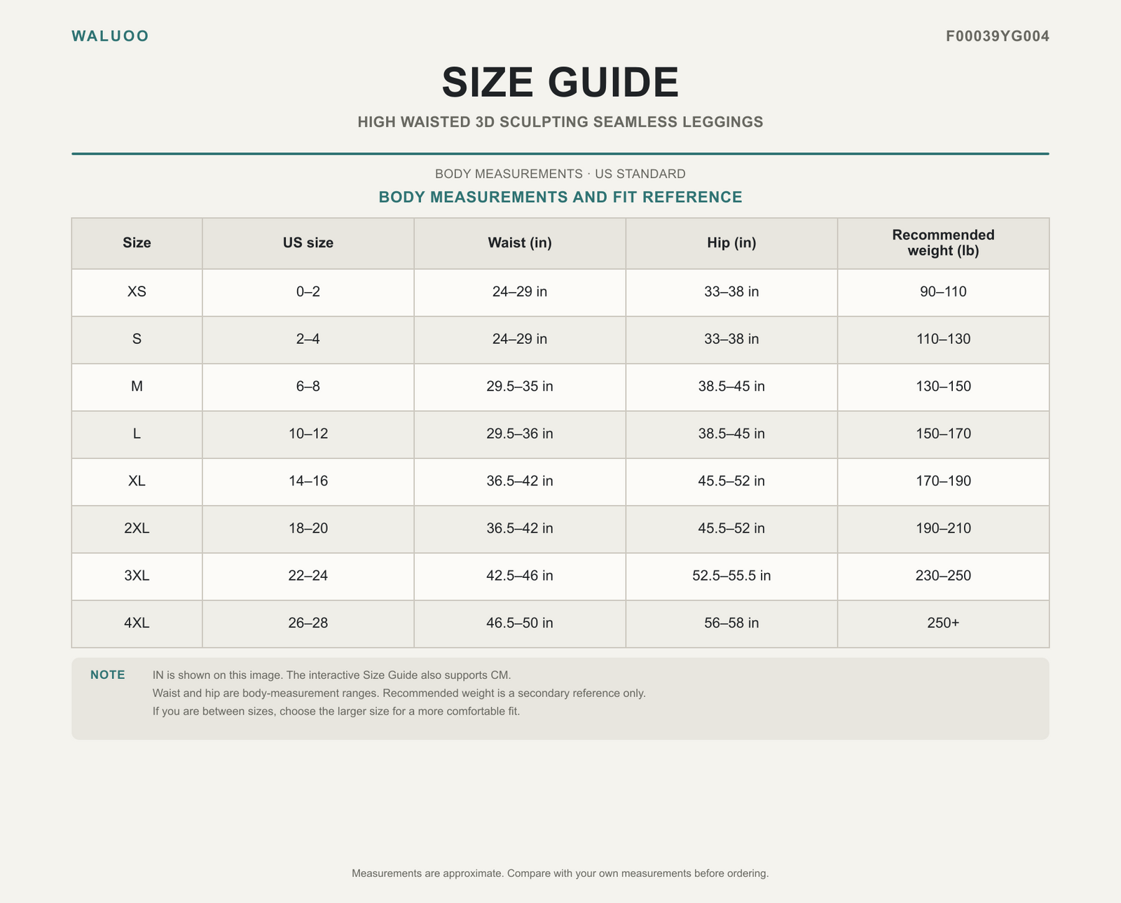 Waluoo F00039YG004 Size Guide