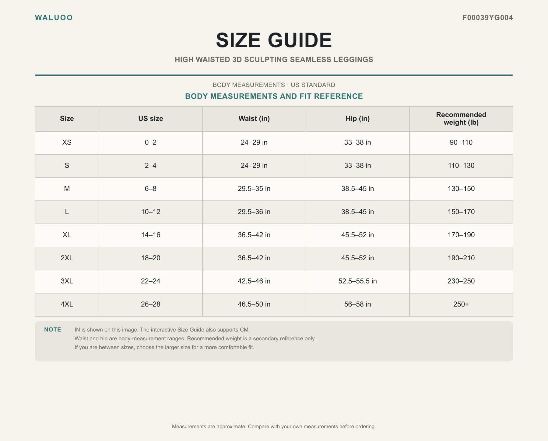 Waluoo size guide for F00039YG004