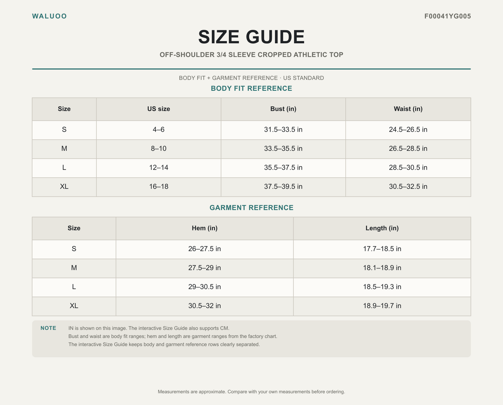 Waluoo F00041YG005 Size Guide