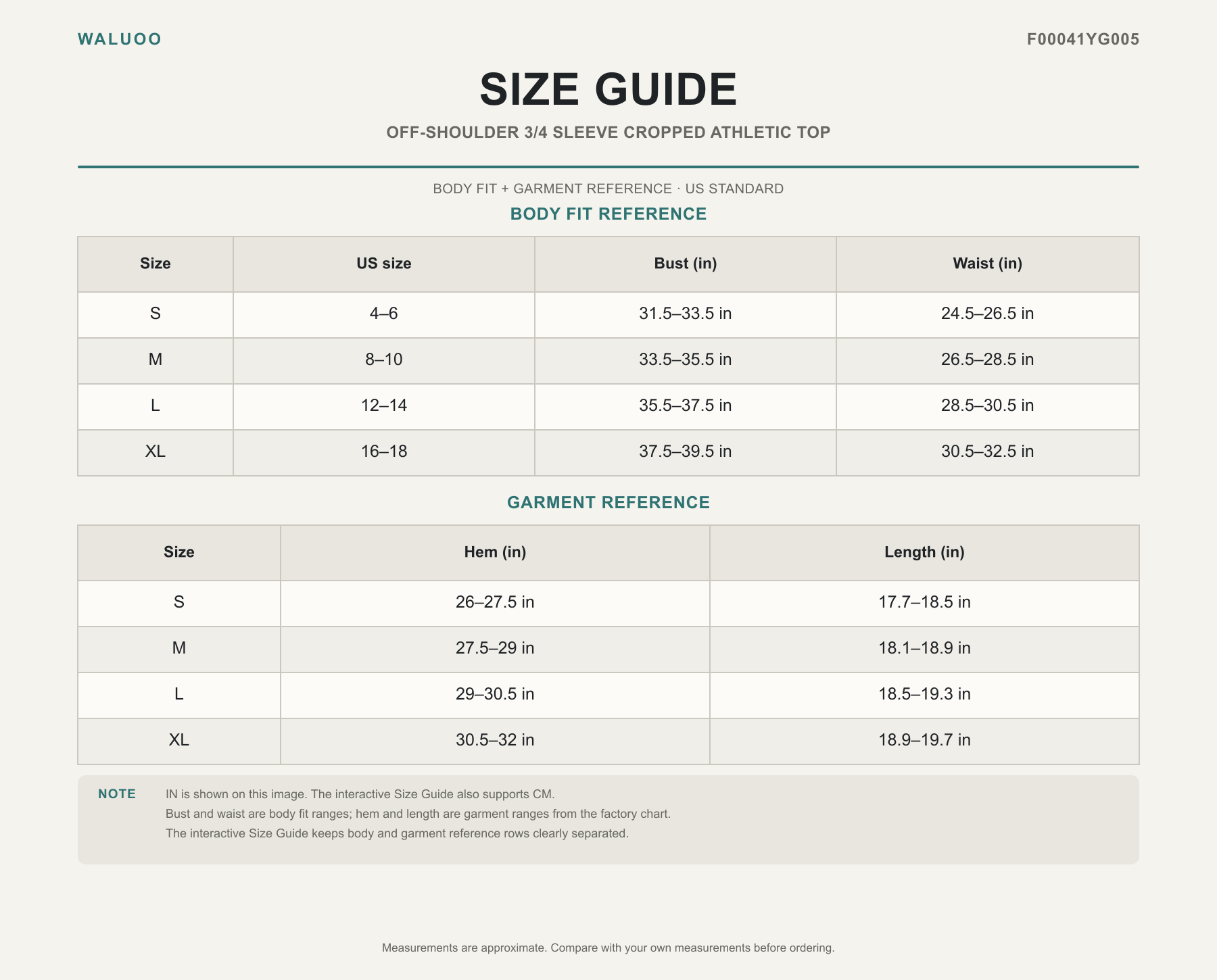 Waluoo size guide for F00041YG005