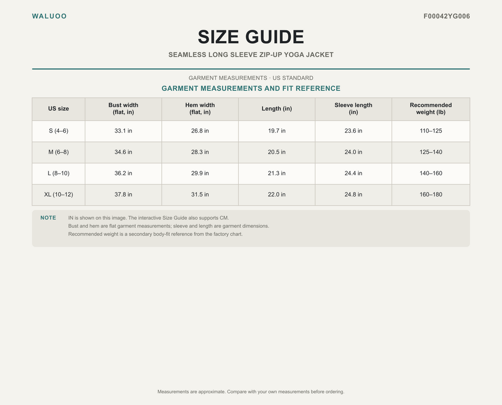 Waluoo size guide for F00042YG006