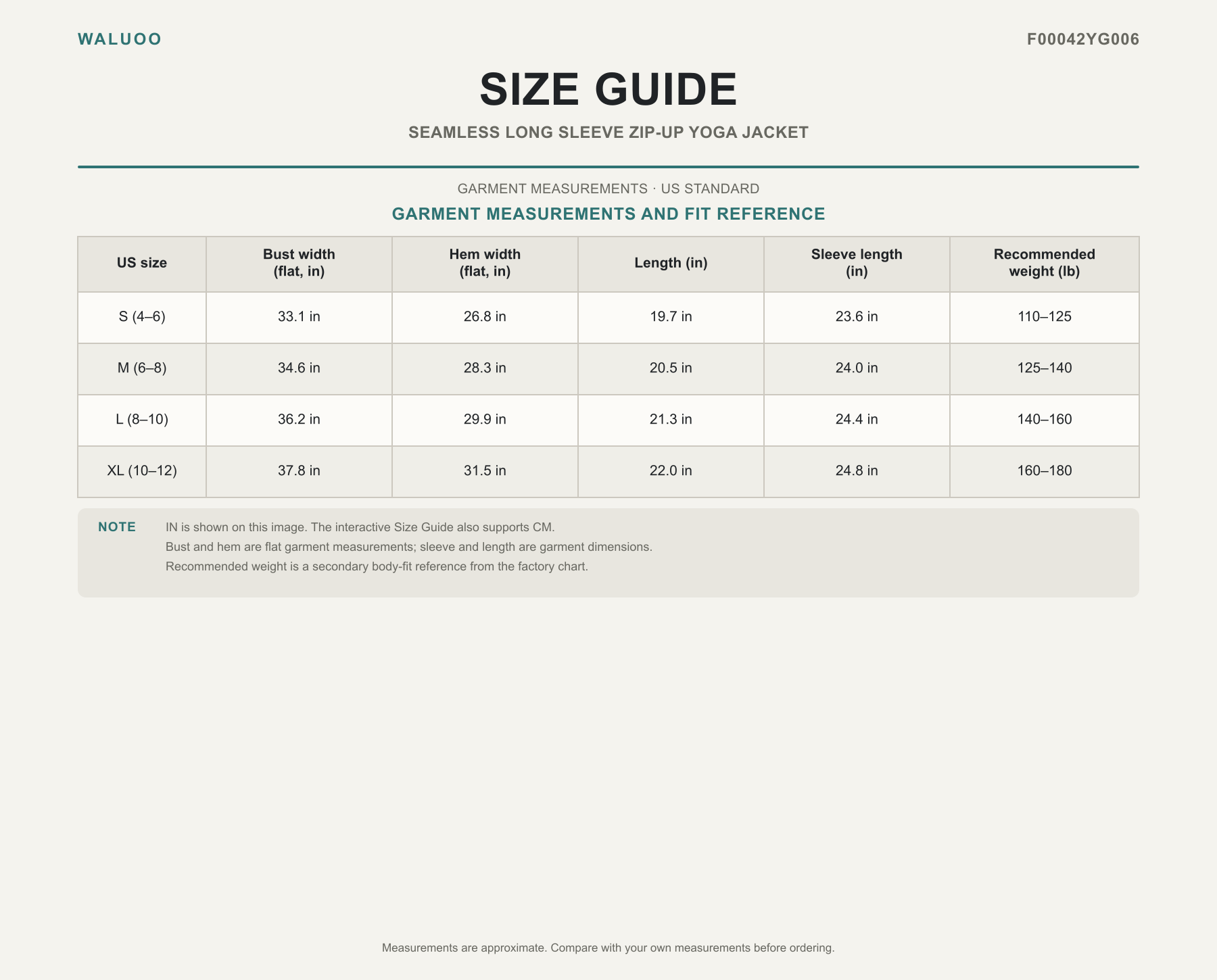 Waluoo size guide for F00042YG006