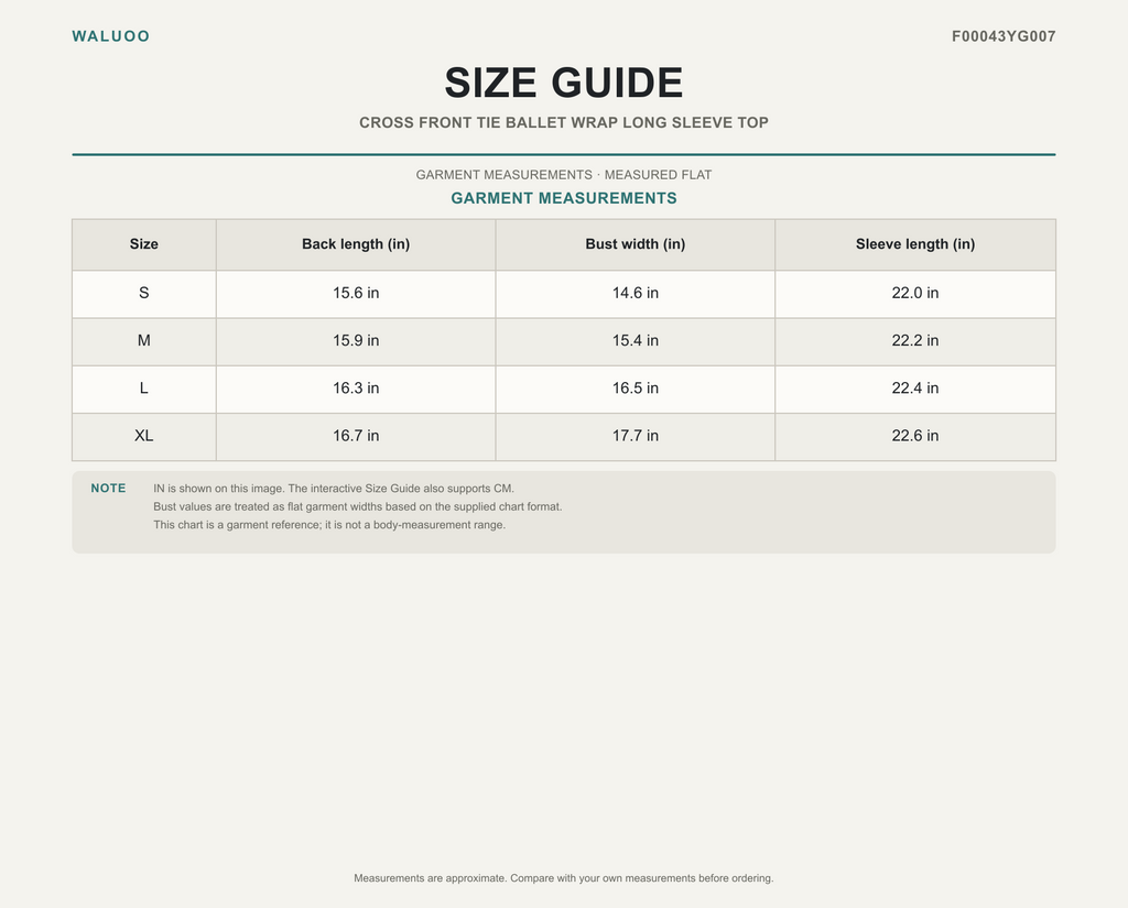 Waluoo size guide for F00043YG007