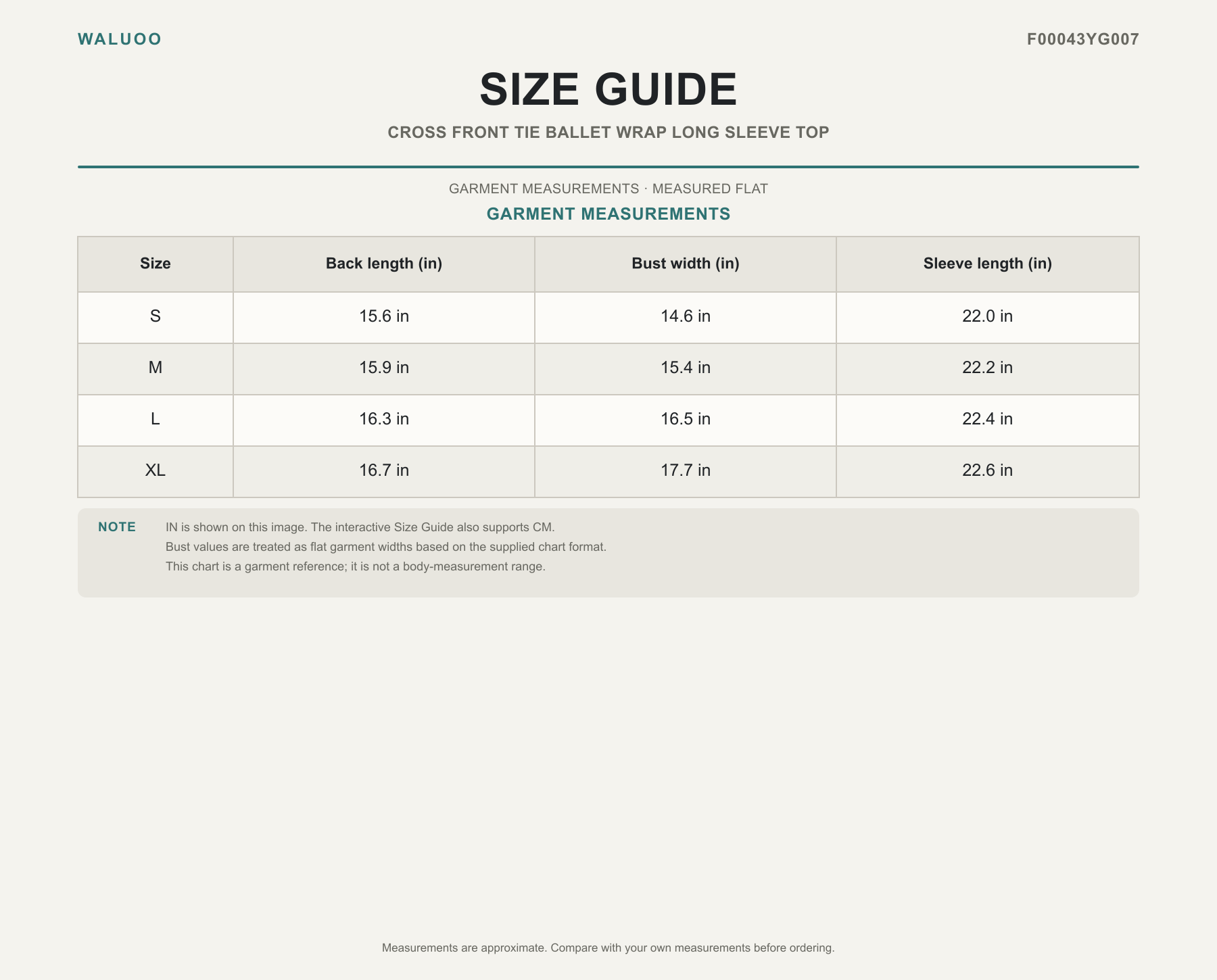 Waluoo size guide for F00043YG007