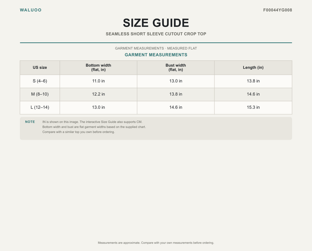 Waluoo size guide for F00044YG008