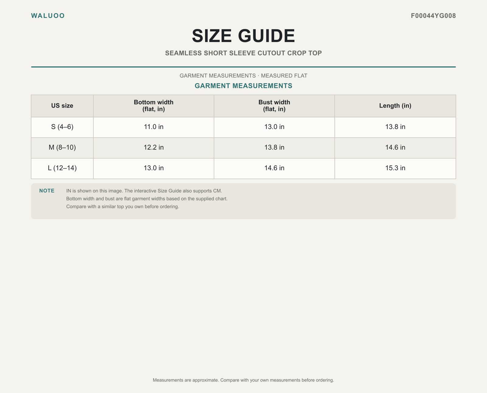 Waluoo F00044YG008 Size Guide
