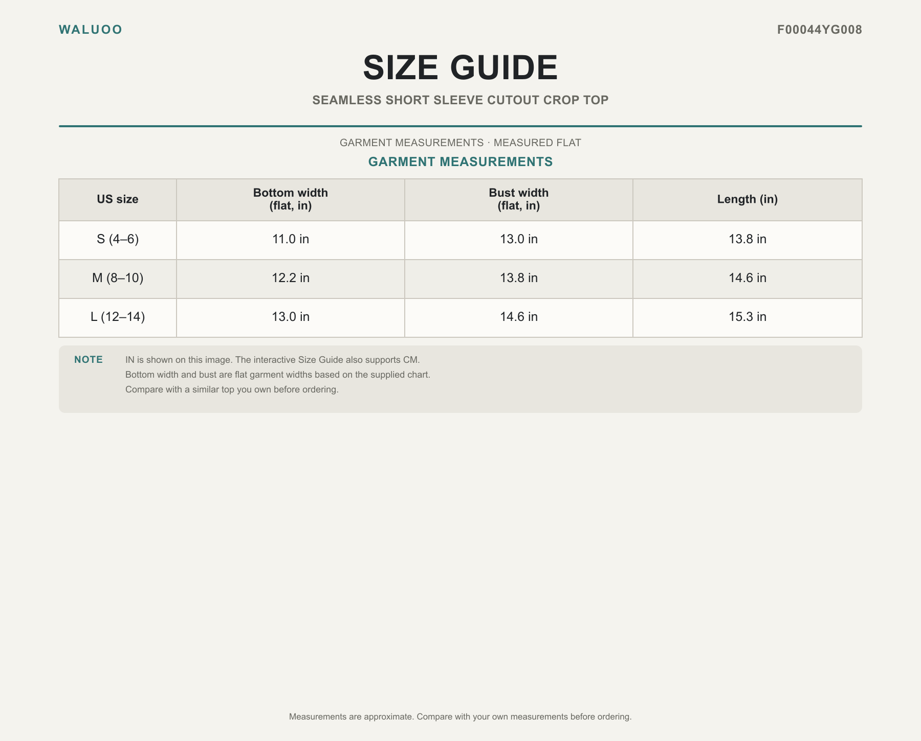 Waluoo size guide for F00044YG008