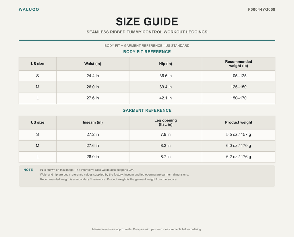 Waluoo size guide for F00044YG009