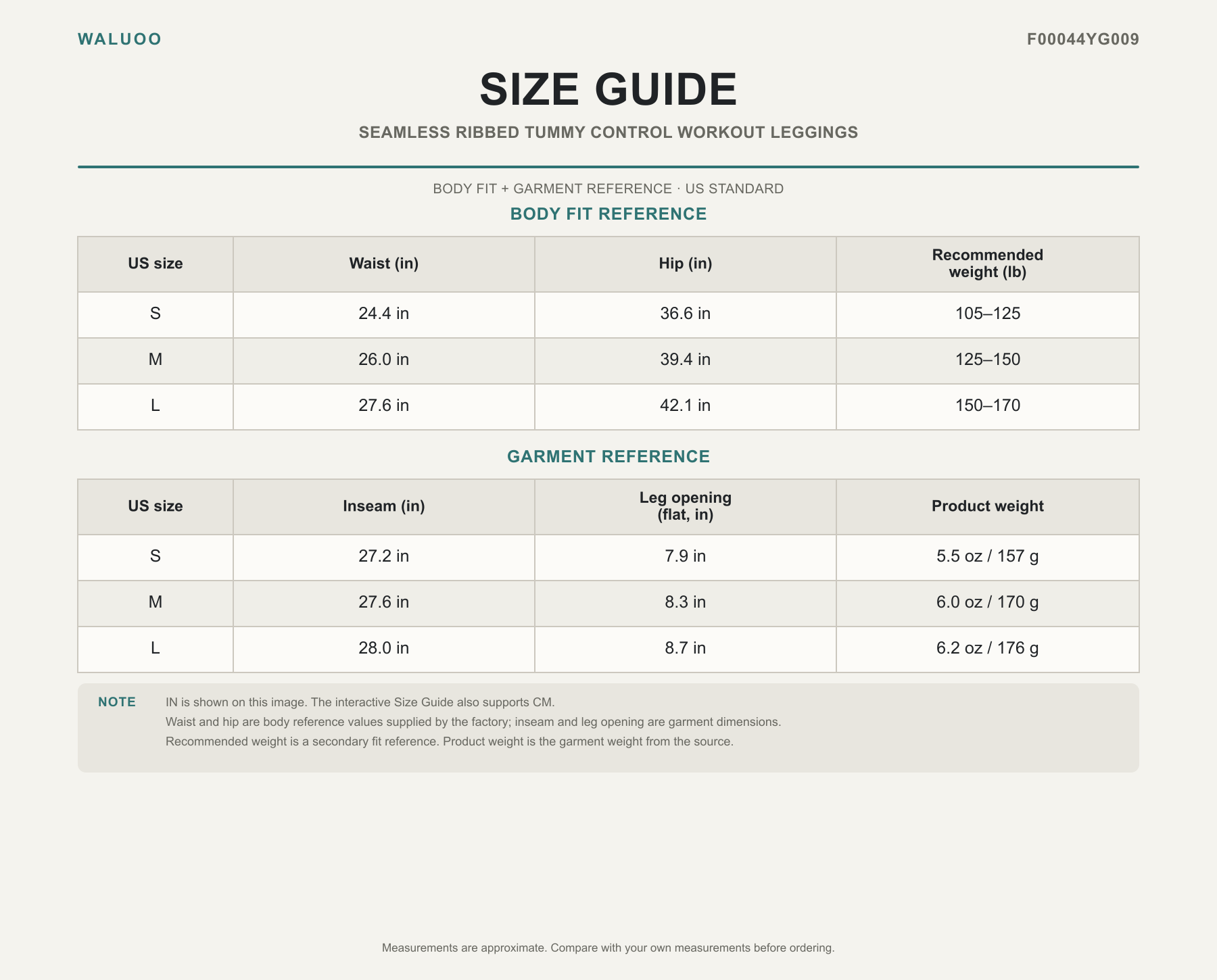Waluoo size guide for F00044YG009