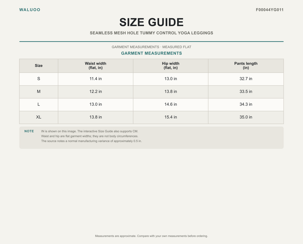 Waluoo size guide for F00044YG011