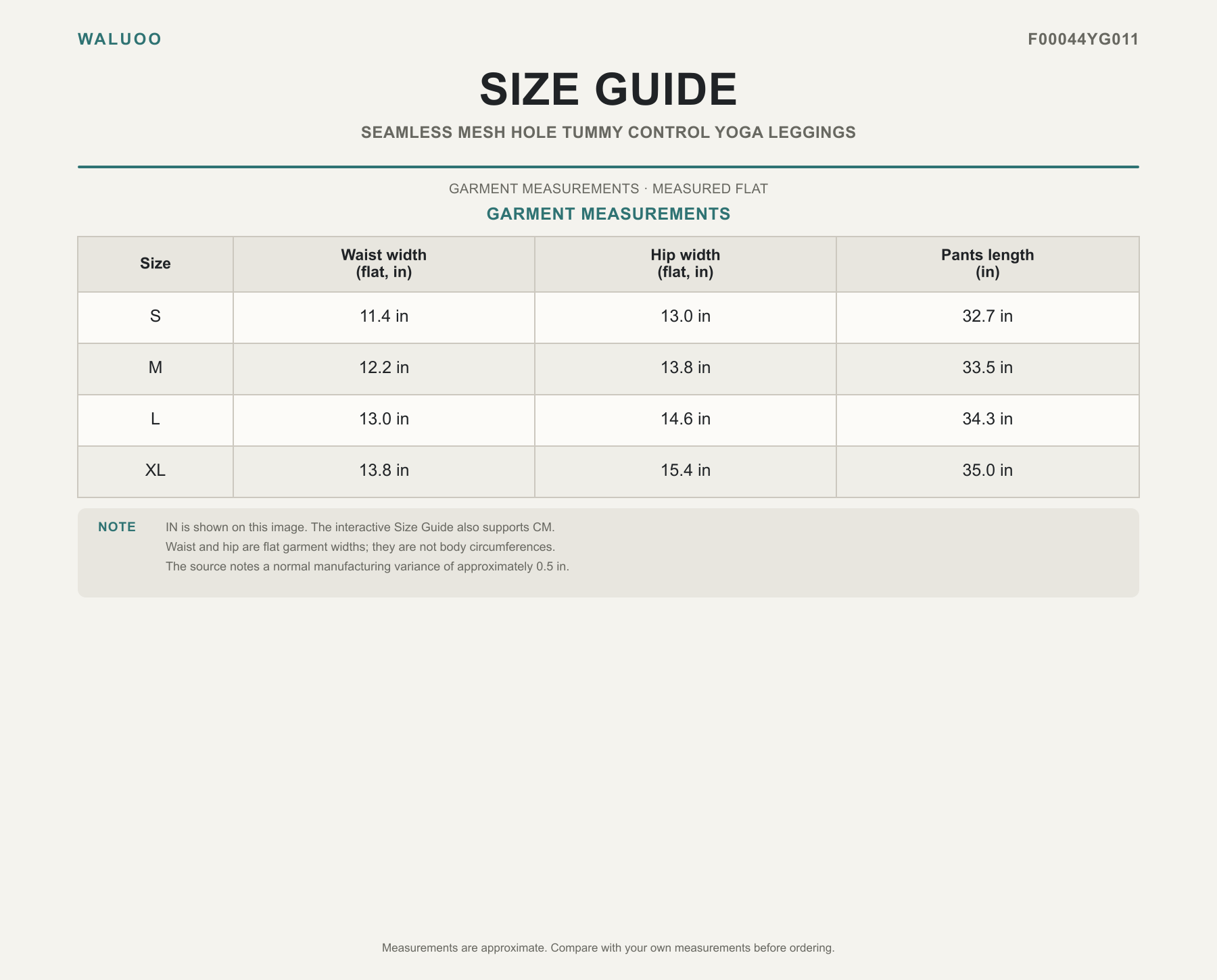 Waluoo size guide for F00044YG011