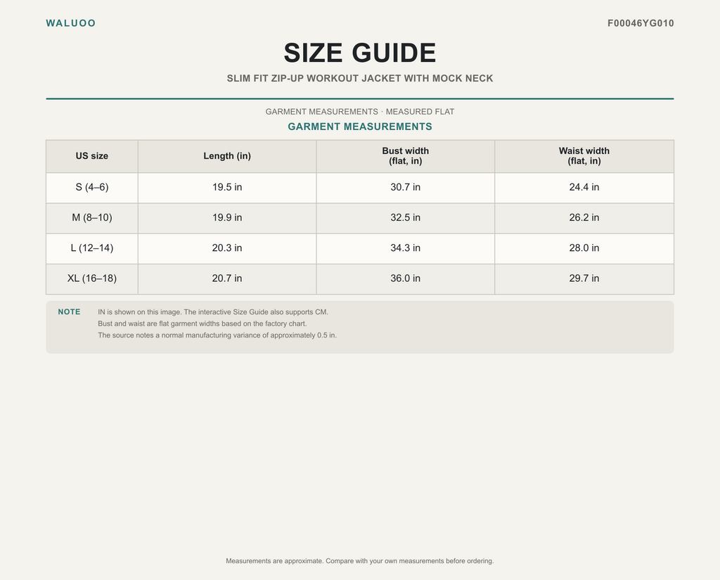 Waluoo size guide for F00046YG010