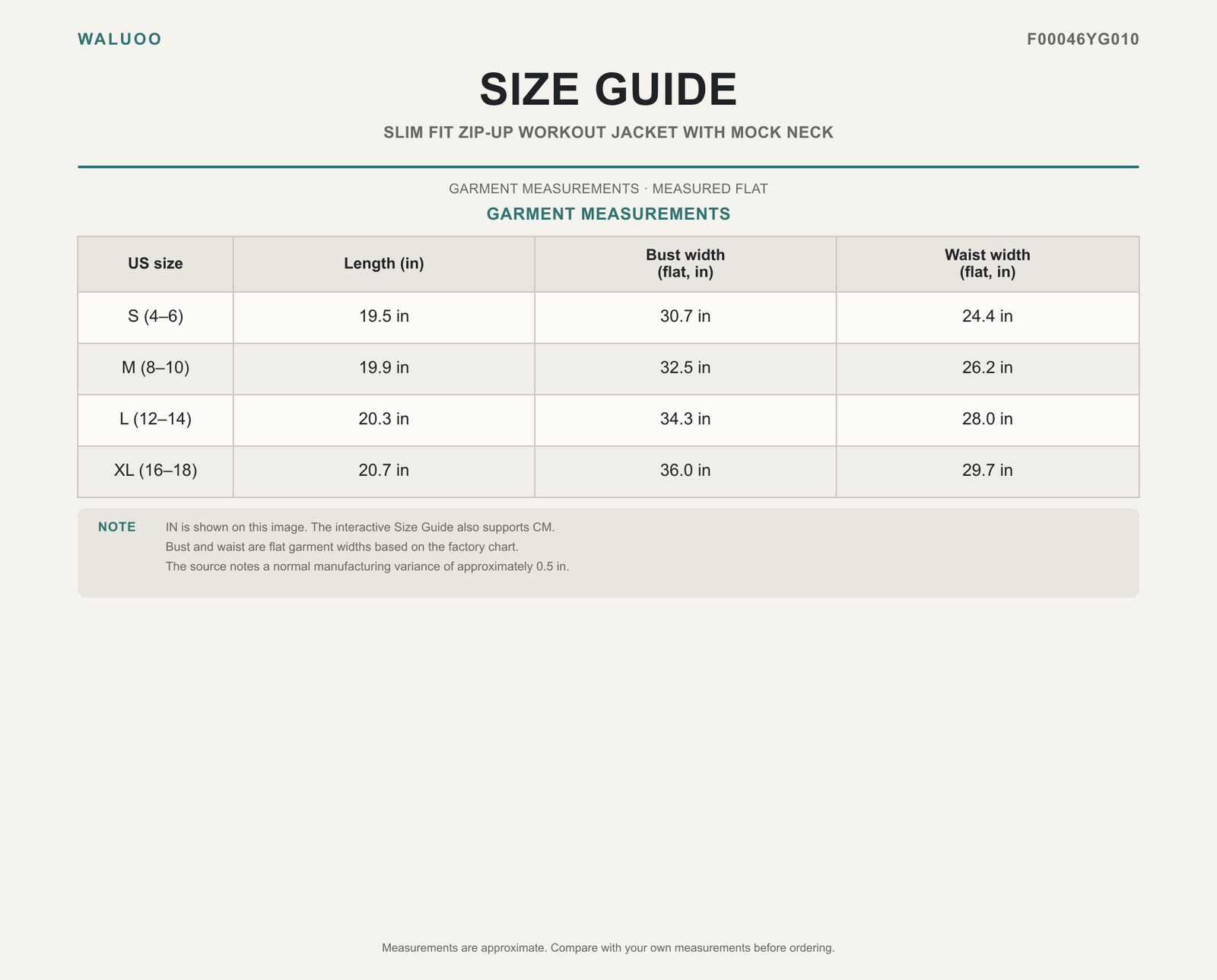 Waluoo F00046YG010 Size Guide