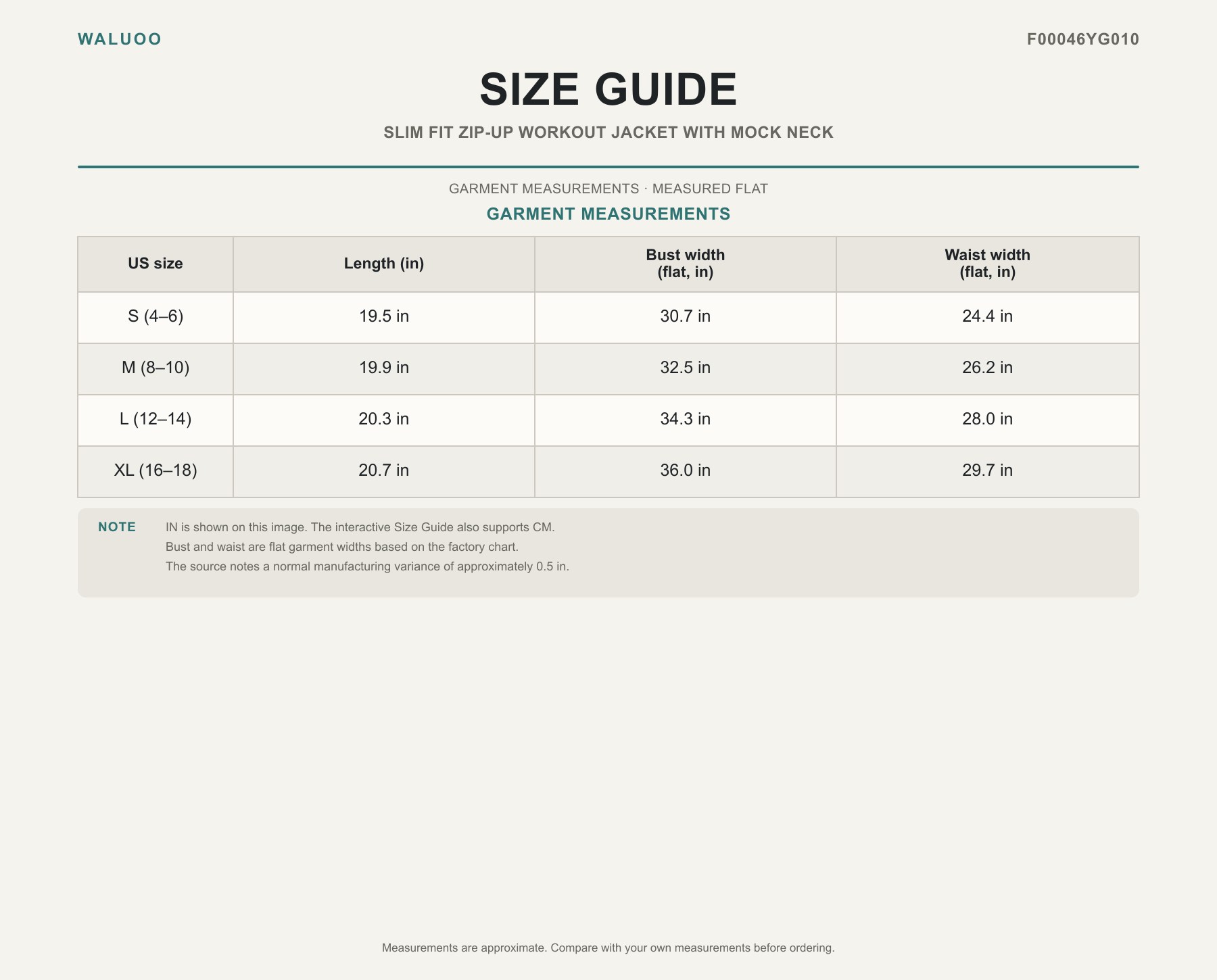 Waluoo size guide for F00046YG010
