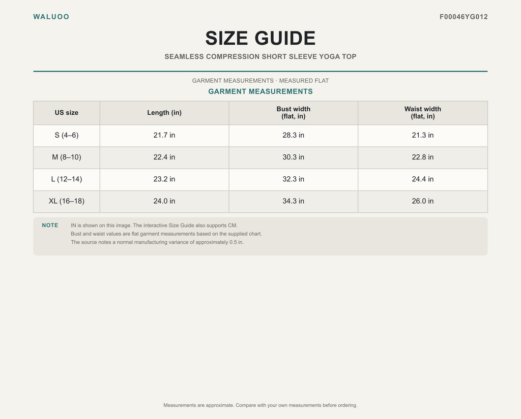 Waluoo size guide for F00046YG012