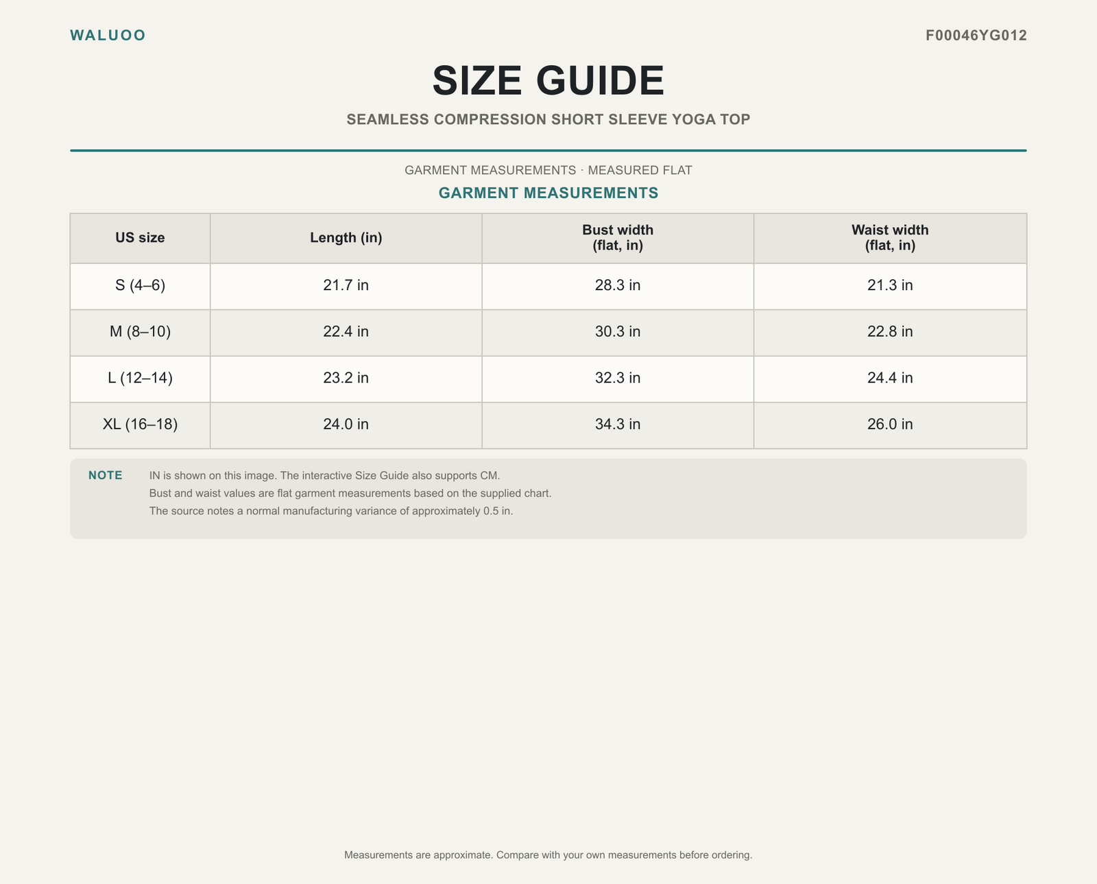 Waluoo F00046YG012 Size Guide