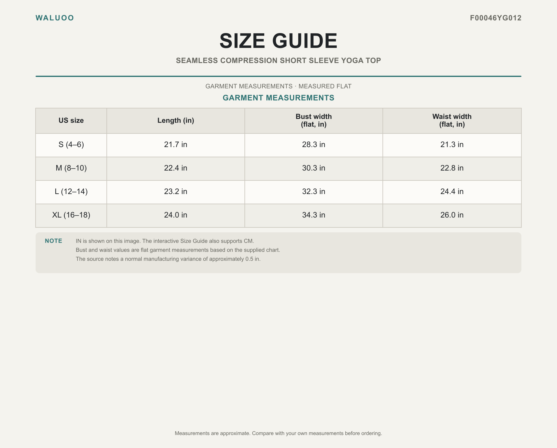 Waluoo size guide for F00046YG012