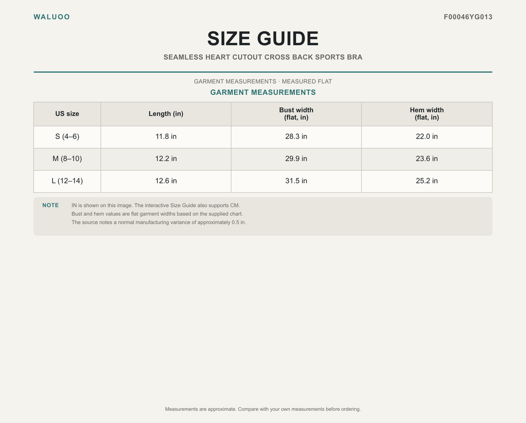 Waluoo size guide for F00046YG013
