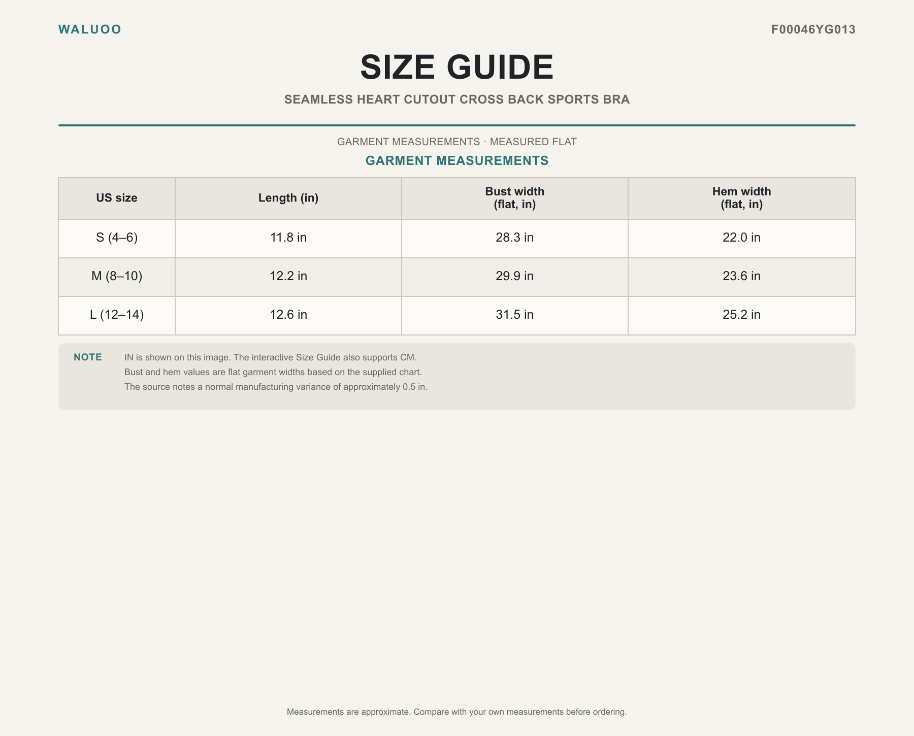Waluoo size guide for F00046YG013