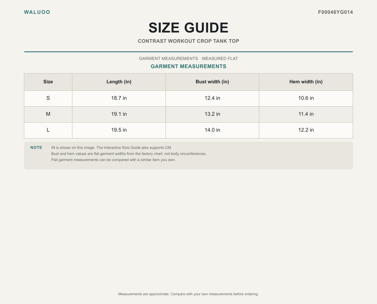 Waluoo F00046YG014 Size Guide