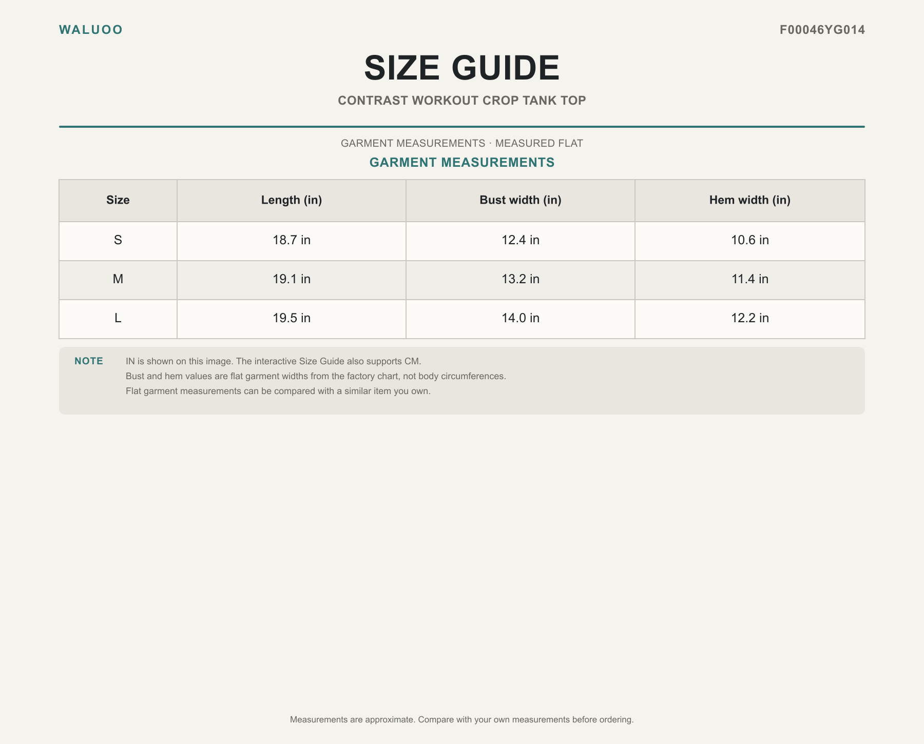 Waluoo size guide for F00046YG014