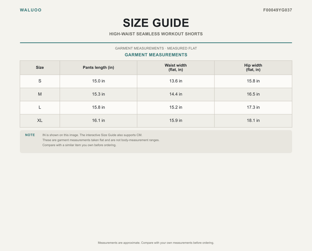 Waluoo F00049YG037 size guide