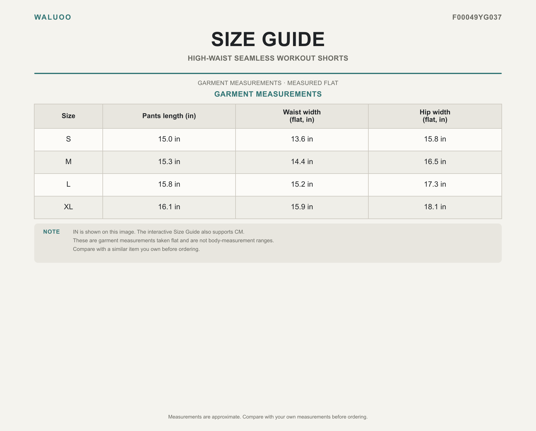 Waluoo F00049YG037 size guide
