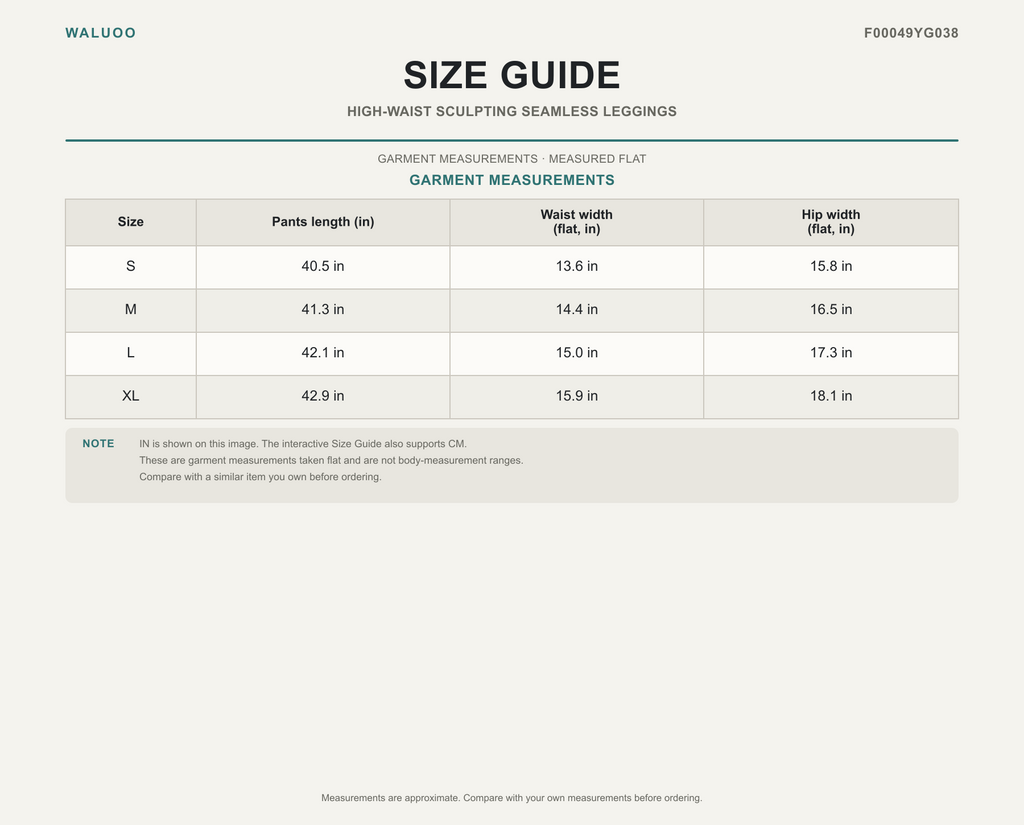 Waluoo F00049YG038 size guide