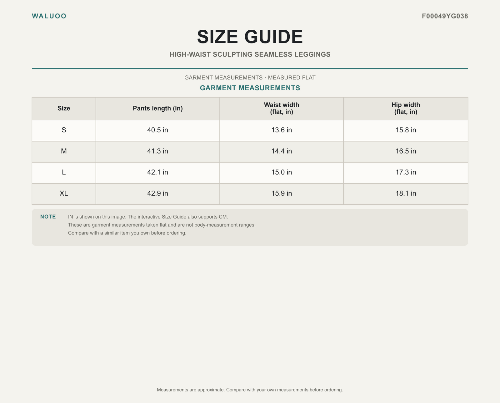 Waluoo F00049YG038 Size Guide